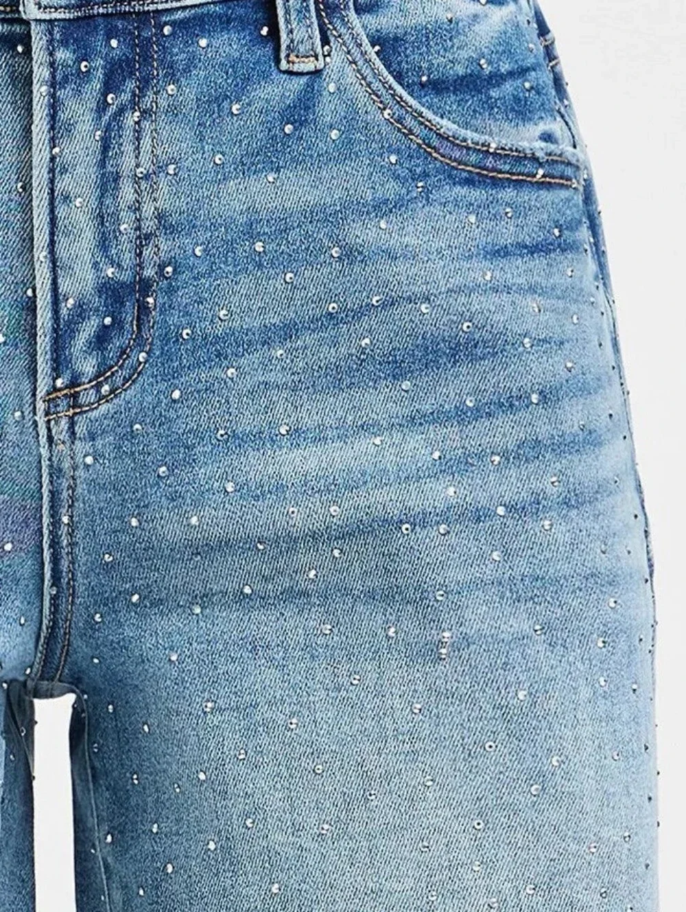 Risen Rhinestone Speckled Baggy Raw Hem Mid Length Weekend Sparkle Denim Shorts